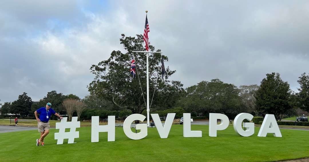 Best Couples Golf Tours; Flag pole at LPGA golf tournament with #HGVLPGA sign